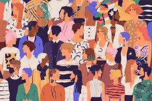 Crowd of young and elderly men and women in trendy hipster clothes. Diverse group of stylish people standing together. Society or population, social diversity. Flat cartoon vector illustration.
