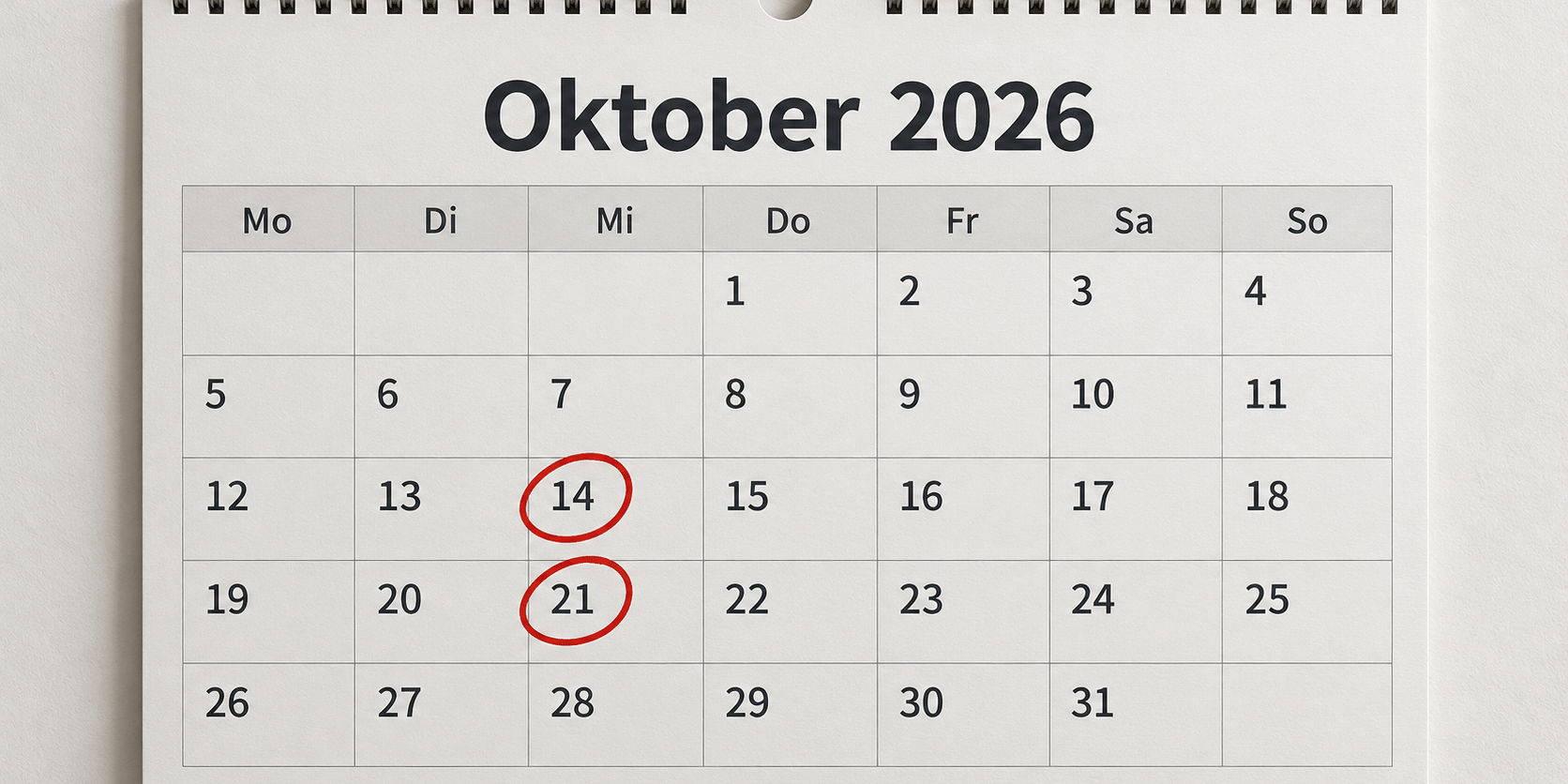 Oktober 2026 Kalender mit markierten Terminen Kalender, KI-generiert